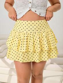 Solflare Plus Size Yellow Polka Dot Summer Cute Vacation Holiday Printed Elastic Knit Casual Dress,Layered Ruffle Hem With Built-In Shorts Lining For Women - Yellow - View 3