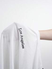 SHEIN EZwear 针织字母刺绣落肩圆领短袖T恤和喇叭裤套装 - 黑與白 - 查看 7