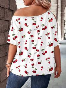 EMERY ROSE Fashionable Casual Retro Basic White Background Red Cherry Print Asymmetric Neck Hollow Neck & Cuff Plus Size T-Shirt - Multicolor - View 2