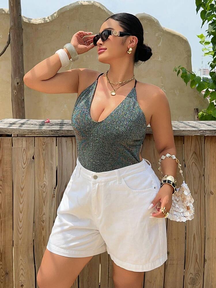 Dazy Plus Plus Size Women Deep V Sequin Side Tie Backless Sexy Beachwear Swimsuit, One-Piece, Spring/Summer