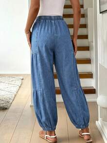 Easowa Quần jeans nữ ống côn eo dây rút phong cách casual, thời trang Y2K dễ thương coquette, thanh lịch, phù hợp đi làm công sở, đi chơi, đi biển, dự tiệc, đám cưới, lễ tốt nghiệp, đi du lịch, lễ hội mùa hè, streetwear cho nữ - Màu xanh lam - Xem 5
