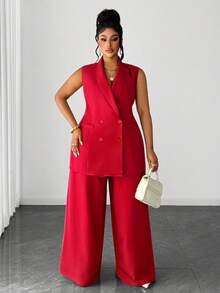 Maweii Plus Size Women Casual Elegant Blazer Jacket And Wide Leg Pants Suit, Suitable For Work Commute, Autumn/Winter - Red - View 3