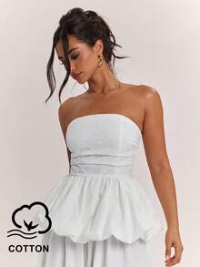SHEIN BAE Women's Summer Casual Sexy Solid Color Embroidered Patchwork Ruffle Hem Tube Top Golf White - White - View 1