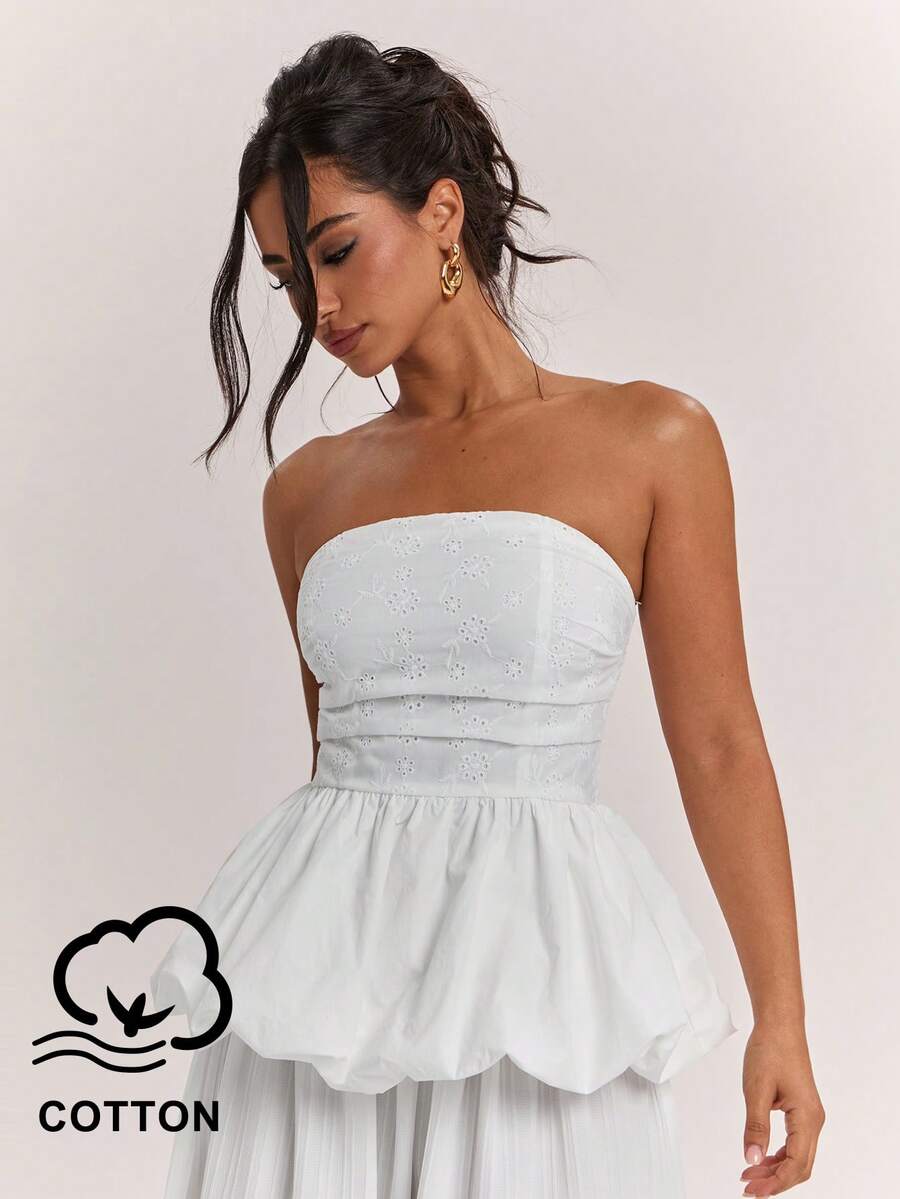 SHEIN BAE Women's Summer Casual Sexy Solid Color Embroidered Patchwork Ruffle Hem Tube Top Golf White - White - View 1