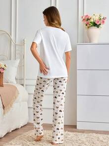 SHEIN 蝴蝶结图案T恤和豹纹爱心印花长睡衣休闲家居套装 - 白色 - 查看 2