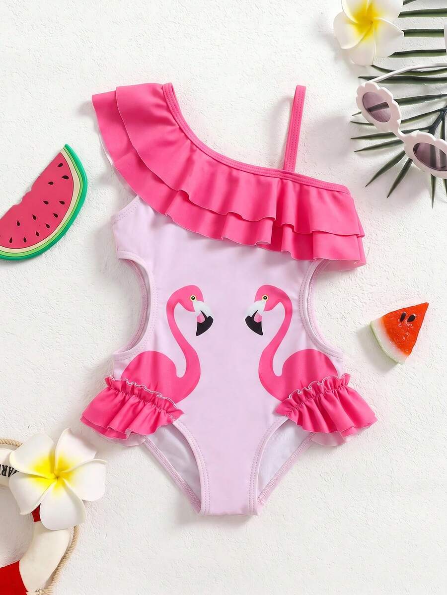 SHEIN 女婴可爱卡通图案撞色荷叶边泳衣 - 彩色 - 查看 1