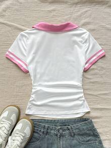 少女时尚休闲夏季Polo领针织撞色拼接修身白色T恤，饰有小logo图案 - 白色 - 查看 3