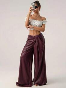 SHEIN ICON Quần ống rộng xếp ly màu trơn bằng da PU dành cho nữ, kiểu dáng thường ngày. - Màu Đỏ Sâu - Xem 5
