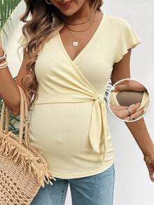 SHEIN Solid Color Minimalist Twist Front Short Sleeve Nursing Top - Multicolor - View 1