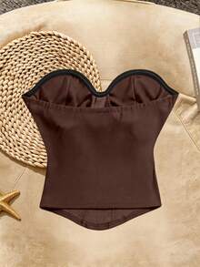 SHEIN Franclia 女士优雅度假风纯色弹力褶皱胸衣上衣 - 棕色 - 查看 2