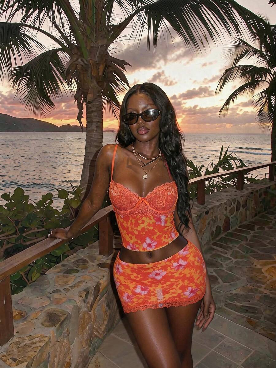 Amplova Lace Cup Detail Tropical Floral Mesh Bodycon 2 Pieces Set For Women Beach Vacation Orange Red Summer Outfits Casual - Orange - View 1