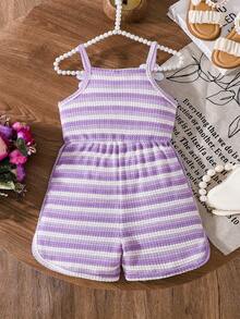 SHEIN Elladie kids 女童夏季新款简约橙白条纹拼接连体裤，花卉装饰休闲运动风连体衣 - 紫色 - 查看 2