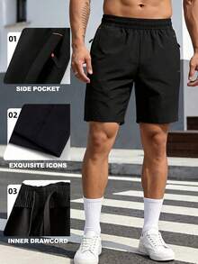 Manfinity Homme Men's Solid Color Elastic Waist Casual Shorts For Summer Daily Wear - Black - View 4