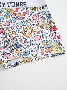 LOONEY TUNES X SHEIN 女士趣味卡通字母印花无钢圈舒适文胸和宽松内裤套装 - 白色 - 查看 5