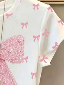 Teen Girl Casual Sweet Oversized Bow & Butterfly Print Short Sleeve Round Neck Fitted T-Shirt, Cute & Sweet, Suitable For Summer - Multicolor - View 4