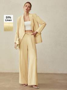 MOTF PREMIUM LINEN MINIMALIST ELEGANT DECORATIVE BUTTON STRAIGHT LEG WIDE LEG PANTS, SPRING/SUMMER - Yellow - View 1