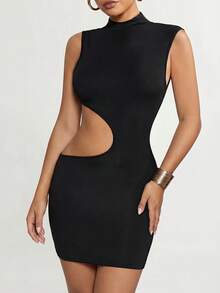 SHEIN ICON Women's Fashion Versatile Ruched Hollow Out Bodycon Dress - Black - View 5