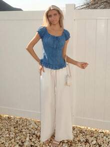 Sydney Algeri Women's Summer Solid Color Ruffle Hem Tie Waist Short Sleeve Blouse - Teal Blue - View 6
