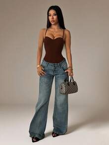 SHEIN PETITE Women's Solid Color Sexy Fashion Camisole Bodysuit - Coffee Brown - View 7