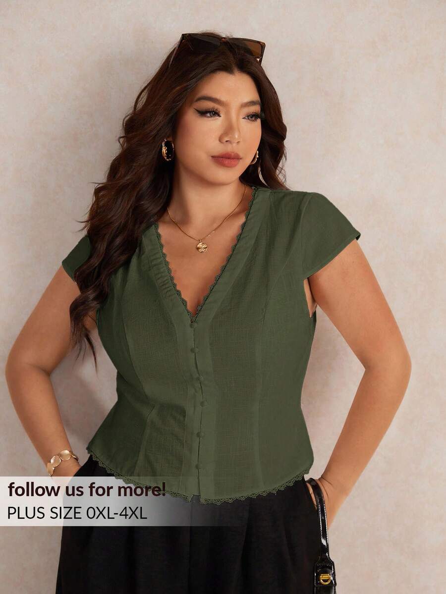 Elaquor Plus Size Solid V-Neck Cap Sleeve Lace Patchwork Casual Short Shirt For Summer