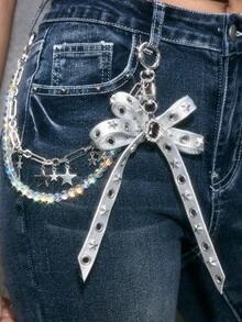 ROMWE Goth 1 Y2k Retro Punk Silver Leather Rivet Bow Star Imitation Crystal Beaded Chain DIY Bag Pendant Keychain, Daily Wear By Girls And Ladies - Silver - View 4