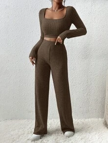 EURMUSE Cotton 2pcs/Set Ribbed Short Sleeve T-Shirt & Long Pants Outfits - Dark Grey - View 6