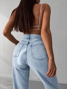 SHEIN Tall 高腰原色毛邊寬腿高腰上班牛仔褲 - 中等水洗藍 - 查看 3