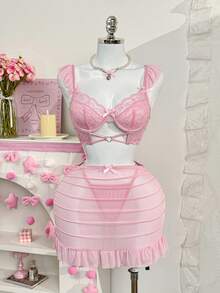 PetitDoll 女士性感内衣三件套，包括心形水钻蝴蝶结薄纱短袖蕾丝拼接上衣 - 粉色 - 查看 8