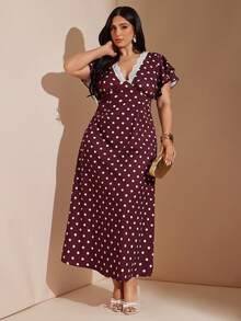 SHEIN BAE Femmes grande taille Imprimé floral à pois bourgogne col V en tissu - Multicolore - Voir 5