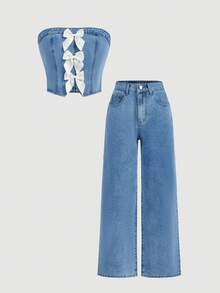 SHEIN MOD Women's Bow Decor Tube Top And Wide Leg Jeans Casual Y2k Cute Suit Back-To-School Everyday Date Sky Blue Aqua Blue Summer - Blue - View 1