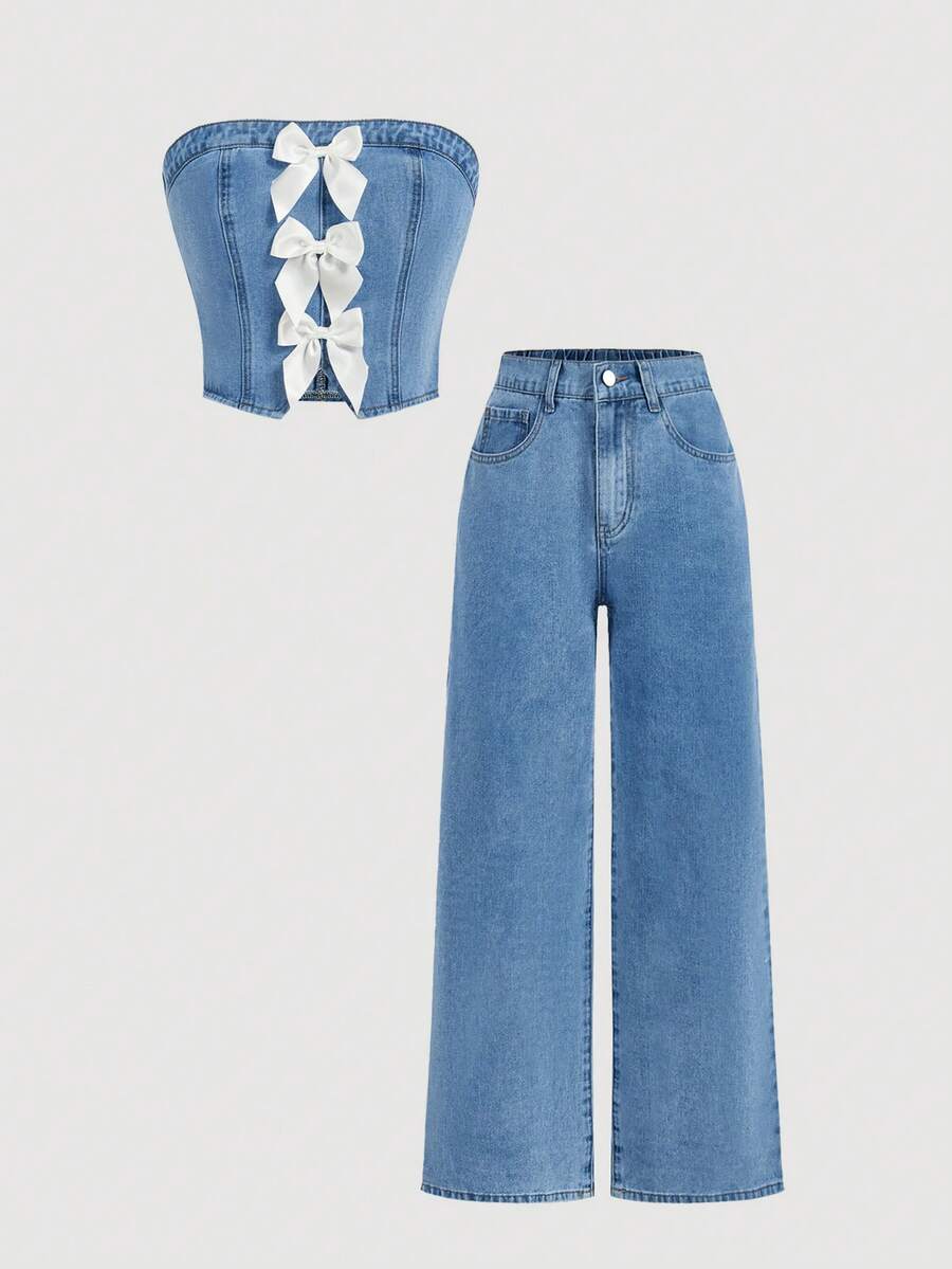 SHEIN MOD Women's Bow Decor Tube Top And Wide Leg Jeans Casual Y2k Cute Suit Back-To-School Everyday Date Sky Blue Aqua Blue Summer - Blue - View 1