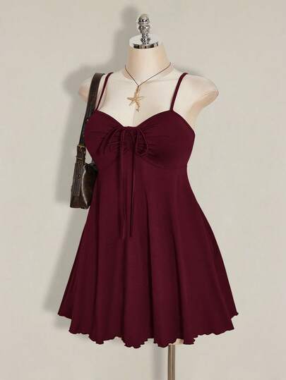 SHEIN ICON Đầm cami nữ size lớn màu trơn thắt nơ trước nhún bèo