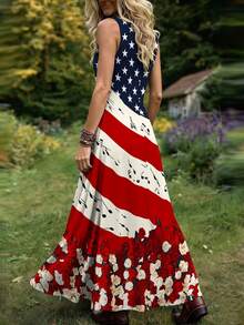 EMERY ROSE Plus Size Women's 4th Of July American Flag Maxi Dress, Patriotic Stars And Stripes Notched V-Neck Sleeveless Long Dress With Floral & Music Note Print, Independence Day Party Outfit - Multicolor - View 2