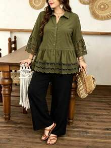 Lacomfia Plus Size Women's Fashion Hollow Floral Lace Trim, Wooden Button Decor, Turndown Collar 3/4 Sleeve Shirt Jacket, Suitable For Vacation & Outing Fall - Army Green - View 5