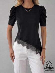 SHEIN Clasi Maglietta da donna taglie forti, elegante maglietta estiva nera con maniche corte, con inserti in pizzo, orlo asimmetrico, maniche a campana, collo rotondo, in tessuto elastico e comodo per le donne - nero - Visualizzare 8