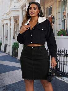 SHEIN Essnce Plus Size Women Summer Casual Everyday Commute Minimalist Frayed Hem Denim Mini Skirt - Dark Grey - View 3