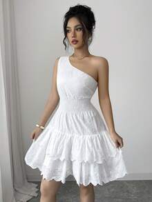 Modelyn French Design Eyelet Embroidery Asymmetrical Shoulder Cake Short Dress - White - View 8