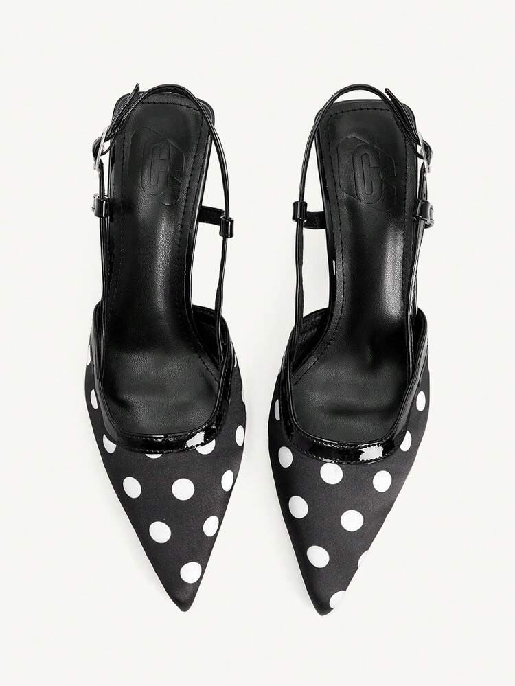 CUCCOO CHICEST Black Background White Polka Dot Pointed Back Empty High-Heeled Shoes. It Comes With A Rich French Retro Hong Kong Style Temperament, Both Elegant Femininity And A Sense Of Light And Familiar Atmosphere. It Is The Finishing Touch Of Retro Style Wear. The Upper Is Made Of Satin Textured Fabric With Classic Black And White Polka Dot Pattern, Which Is Soft And Shiny, Retro And Durable; The Edge Of The Toe And The Heel Strap Are Spliced With Glossy Patent Leather, And The Lines Are Neat And Exquisit