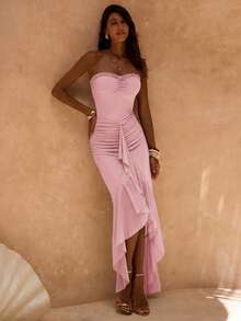 SHEIN Glamour Vestido corto de mujer con busto de malla de punto verde con volante en el bajo, vestido de fiesta de vacaciones sexy verde para mujer, vestido con abertura - Rosa - Ver 6