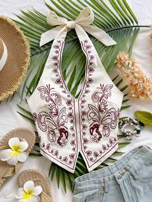 Soleia Apricot Base Black Floral Embroidered Halter Neck Backless Bow Tie Cropped Tank Top, Suitable For Music Festival Outfit - Burgundy - View 4