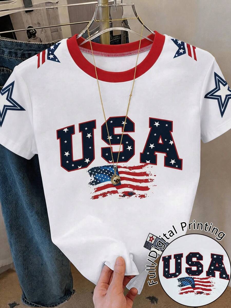 Resyla Patriotic Women Crop T‑Shirt Retro USA Letter Star Flag Print Casual Short Sleeve Top For Independence Day - Multicolor - View 1