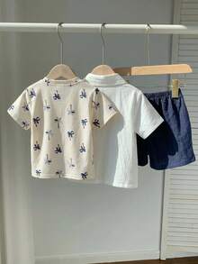 SHEIN Bộ 3 món/set áo sơ mi kẻ sọc vàng, áo thun trắng in hình, quần short xanh, trang phục đi chơi mùa hè dễ thương cho bé trai, set áo thun vui nhộn cho trẻ em - Nhiều màu - Xem 9