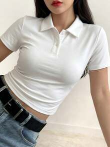 DAZY 女士简约纯色 Polo 领修身短袖 T 恤，夏季 - 白色 - 查看 2