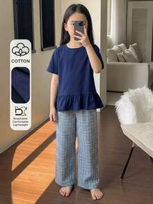 DAZY 少女純色荷葉邊圓領前綁帶上衣與格紋印花長褲睡衣套裝 夏季 - 藍色 - 查看 4