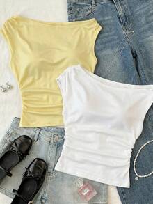 SHEIN 2件套少女/青少年女孩黄白针织休闲褶皱不对称肩部修身短款上衣，买一送一 - 黃色 - 查看 3