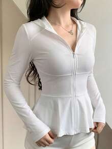 DAZY Fitted Solid Color Ruffle Hem Sports Jacket - White - View 4