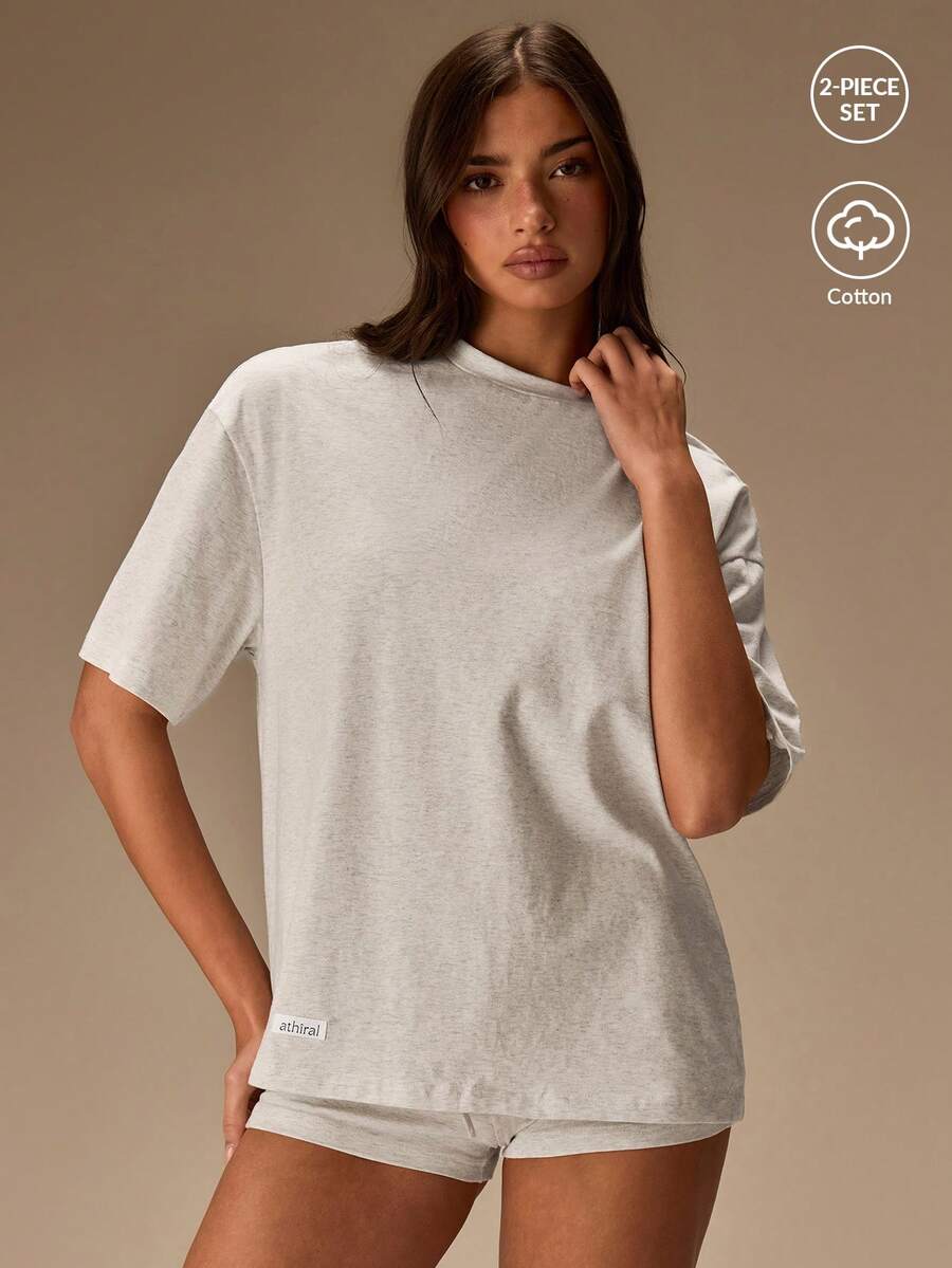 Athîral 女士圆领时尚印花T恤和抽绳腰短裤家居服套装 - 灰色 - 查看 1