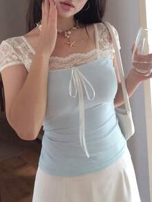 Joudiya 春夏花卉 2合1鏤空蕾絲拼接藍色上衣 情人節婚禮宴會舞會晚禮服 時尚派對修身優雅通勤短袖女款T恤 - 薄荷藍 - 查看 7
