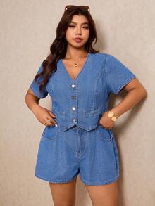 Elaquor Women Plus Size Dark Blue Summer Denim 2 Pieces Set,Casual Everyday V-Neck Single-Breasted Short Sleeve Top & Shorts,Comfortable Cotton Denim Outfits - Blue - View 7