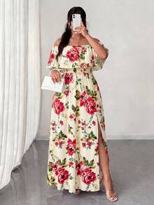 Elenzga Plus Size Women's Beige Summer Boho Vacation Wedding Guest Holiday Floral Print Off-Shoulder Ruffle Waist Pleated Maxi Dress For Dates - Multicolor - View 3